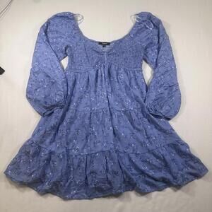 Trixxi Women's Blue White Floral Puffed Long Sleeve V-Neck Mini Dress Size L